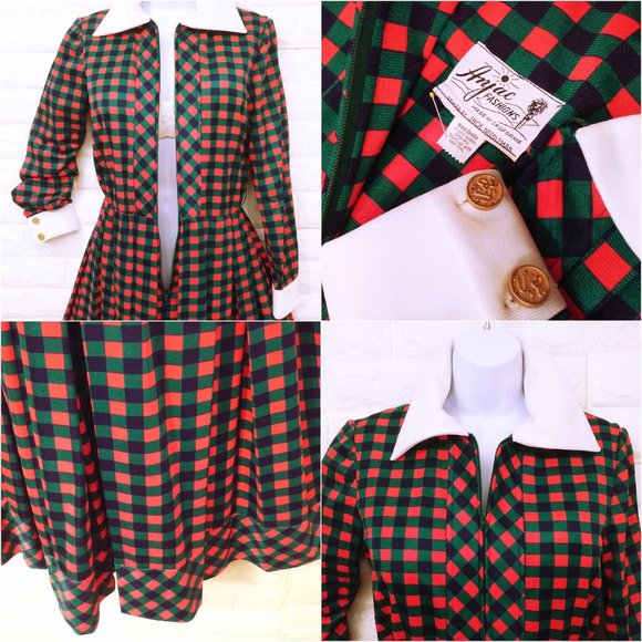 Vintage 60s Anjac Jack Needleman Checked Dress -M(8) Zip-Front Collar Red Teal - Picture 8 of 10